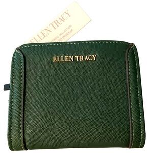 Ellen tracy wallet emerald green gold zipper & logo faux leather compact…
